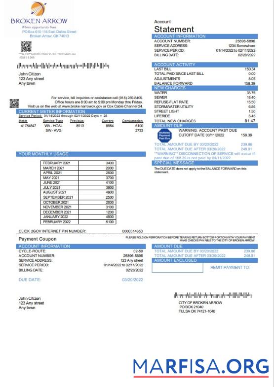 Downloadable USA Oklahoma City of Broken Arrow utility bill template in Word and PDF format